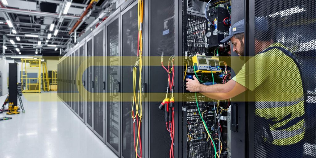 Technician maintaining a UPS system in a facility.