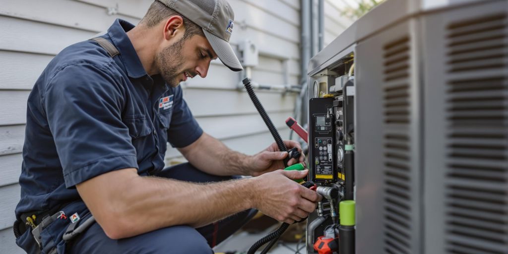 Technician installing a generator in a home setting.