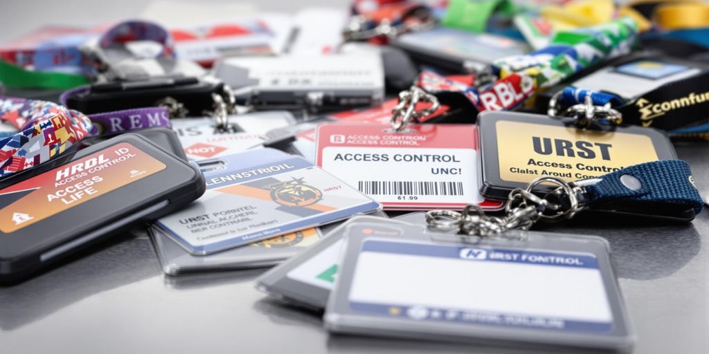 Close-up of access control badges and lanyards.