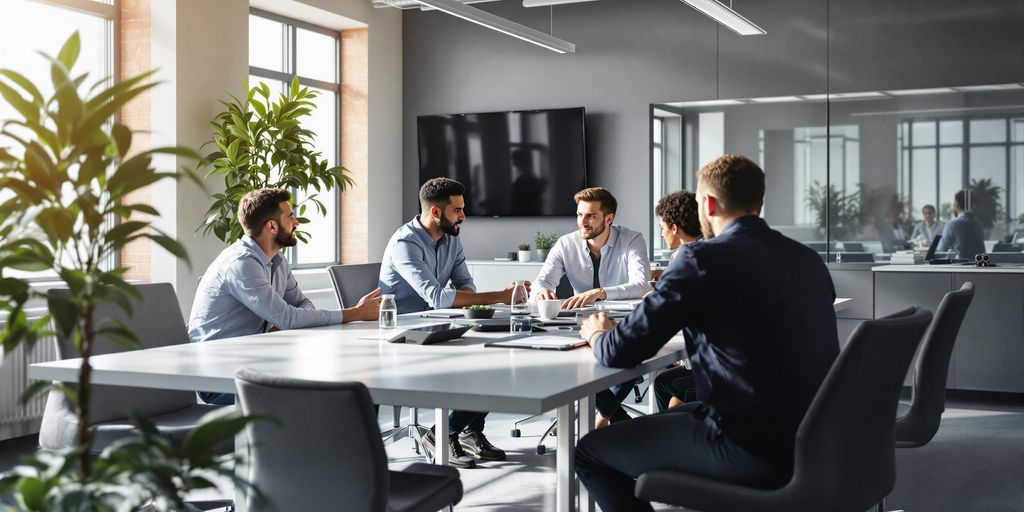 Professionals collaborating in a modern office environment.