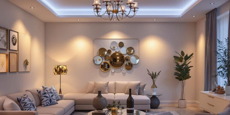 Modern living room with stylish lighting and elegant decor.