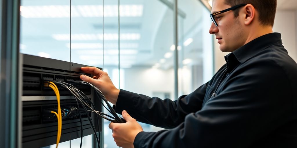 Technician installing cabling in a modern office.