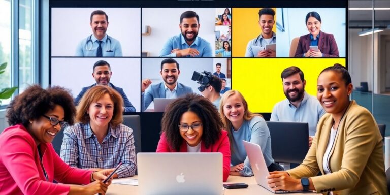 Diverse people in a virtual meeting with laptops.