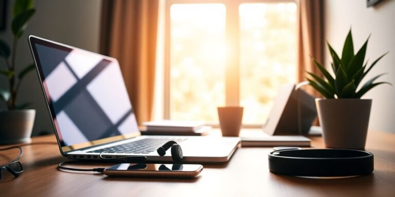 Modern workspace with laptop, phone, and headphones.