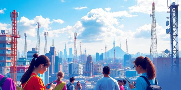 People using smartphones in a dynamic urban landscape.