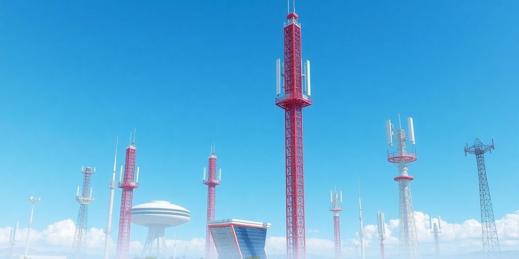 Futuristic towers and antennas against a clear blue sky.