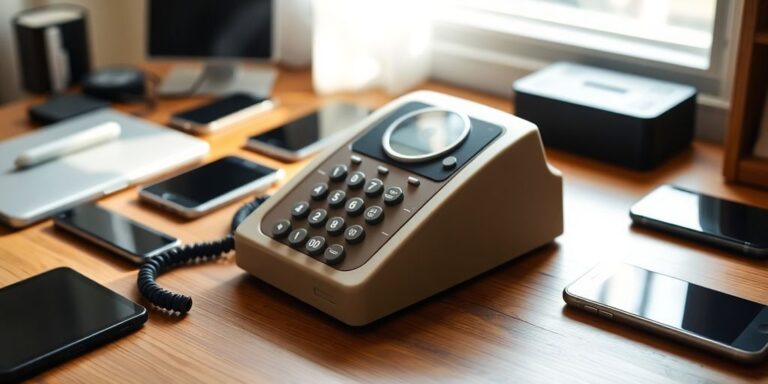 Vintage landline phone on a wooden desk with gadgets.