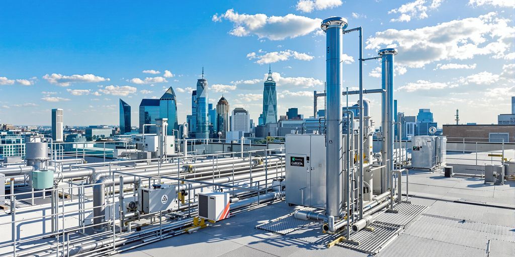 Rooftop view with riser management systems in a city.